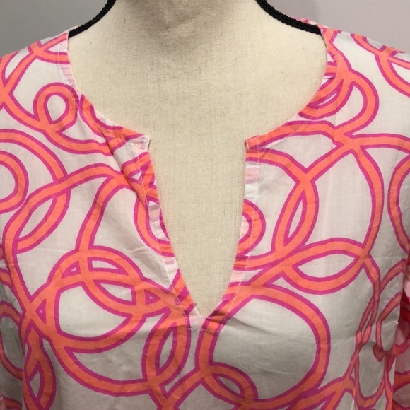 Gretchen Scott cotton tunic blouse beach cover-up size M orange pink geo pattern - Picture 2 of 8